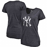 Women's New York Yankees Fanatics Branded Primary Distressed Team Tri Blend V Neck T-Shirt Heathered Navy FengYun